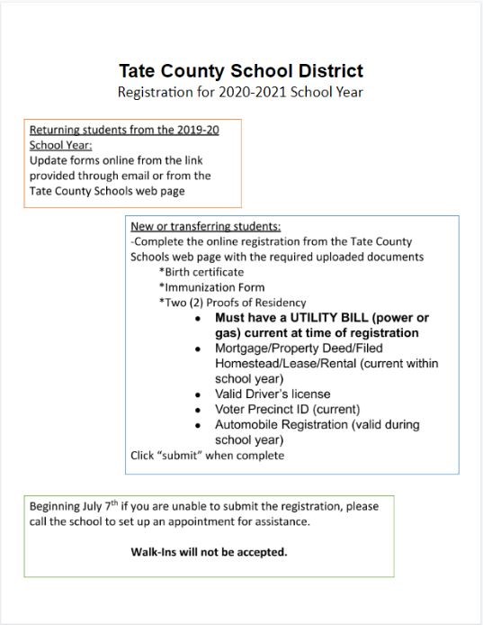 Tate County School District Student Registration 2020-2021