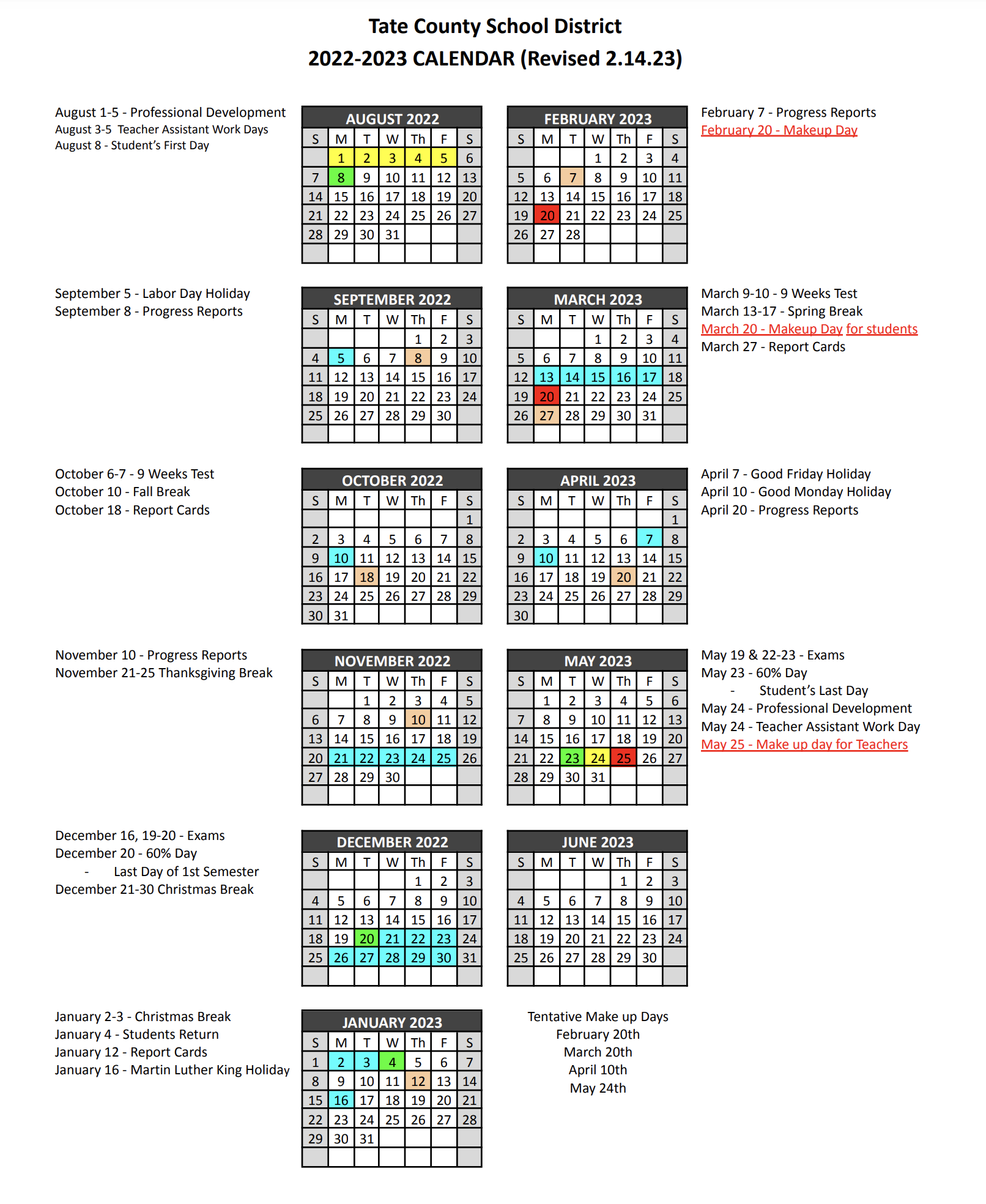 2022-2023 Revised Calendar