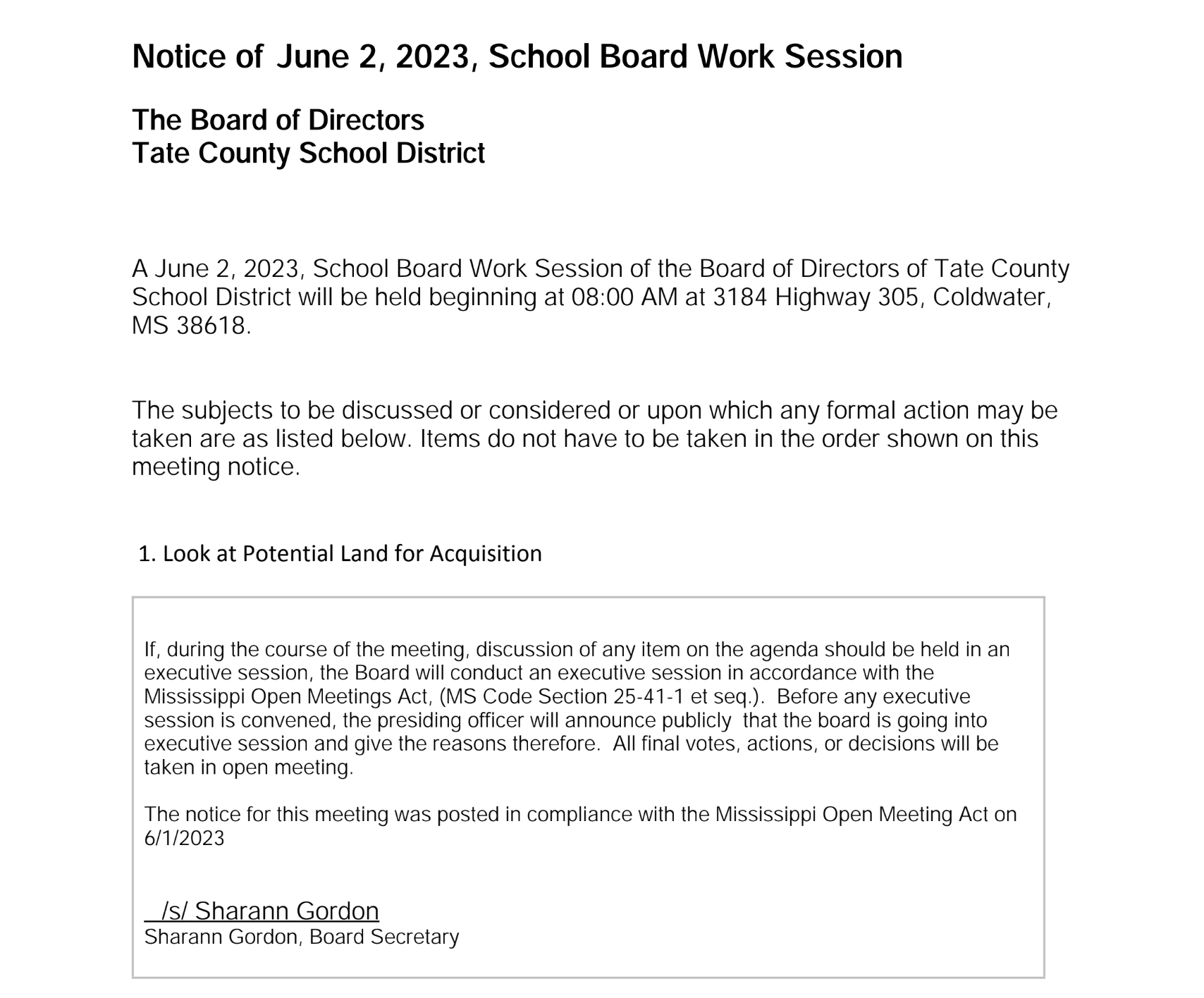 Notice of June 2 School Board Work Session