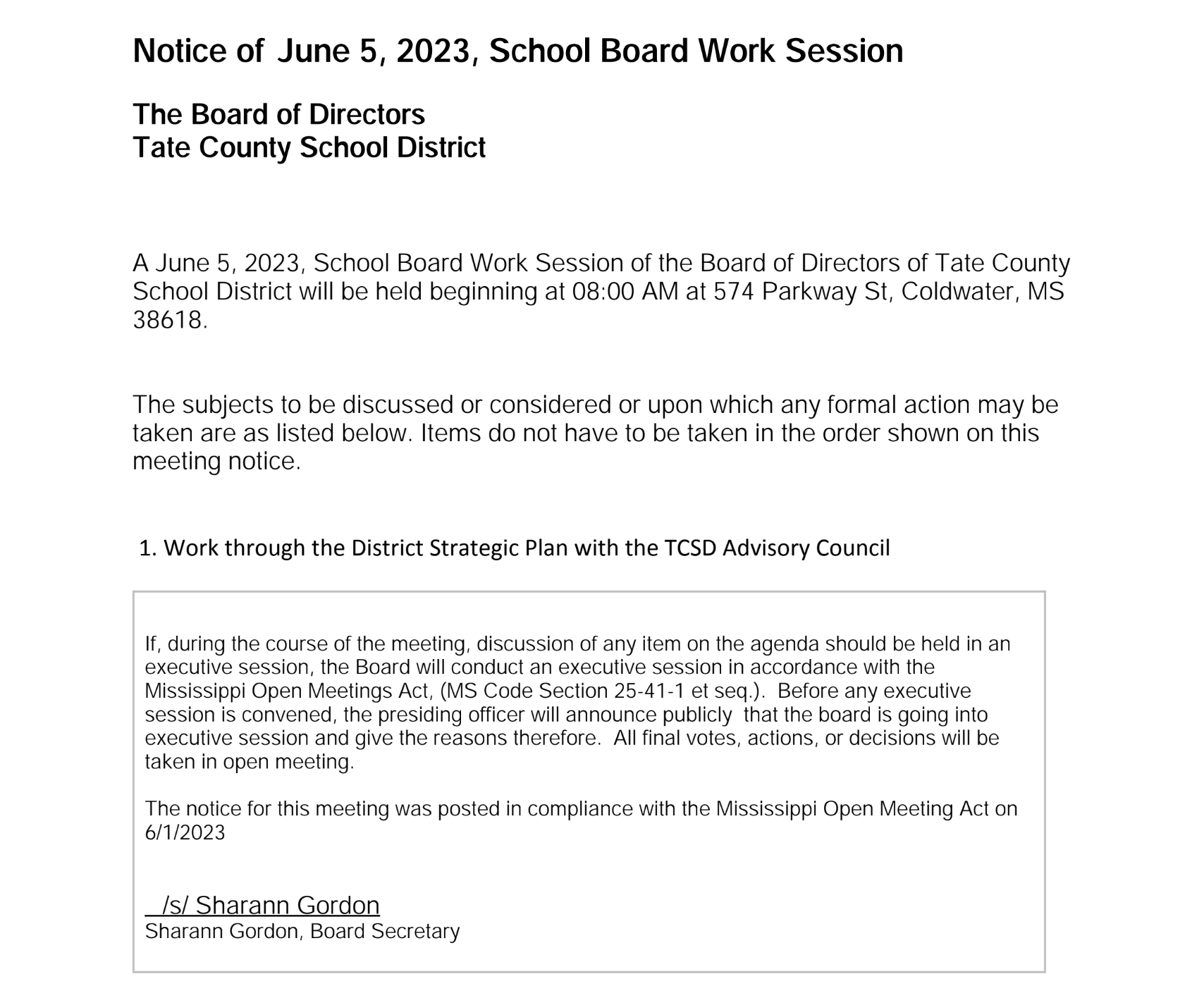 Notice of June 5, 2023, School Board Work Session