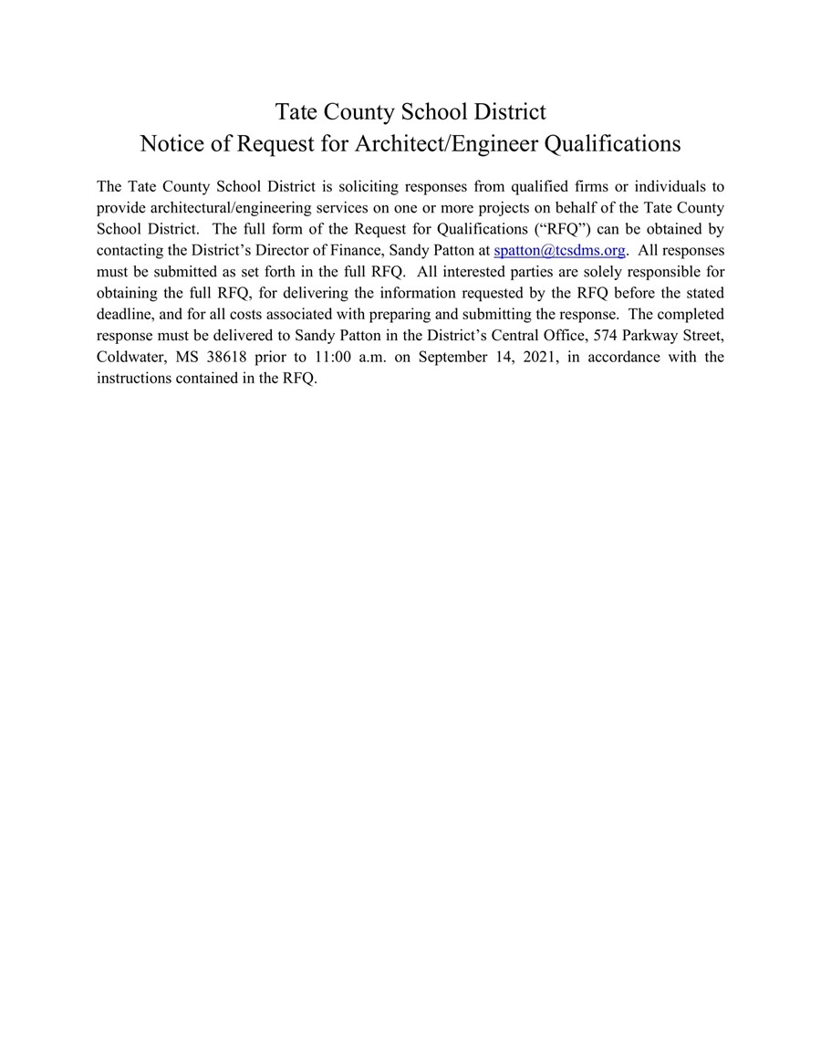 TCSD Notice of Request for Architect/Engineer Qualifications